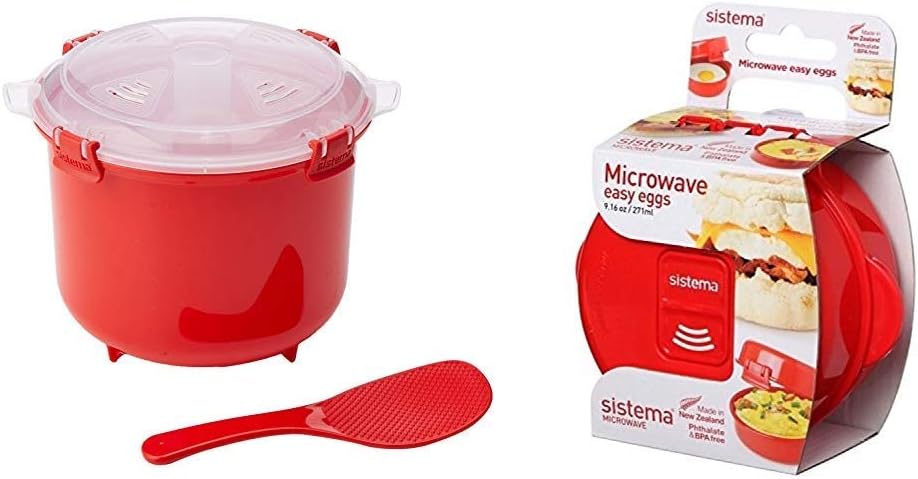 Sistema Microwave Rice Cooker, 2.6 L - Red/Clear & Microwave Egg Cooker Easy Eggs, 270 ml - Red