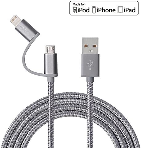 CONCAWAY 2 in 1 Lightning and Micro USB Cable, 3.3FT/1M Tangle Free Nylon Braided Charging/Sync Cables for iPhone/iPod/iPad and micro USB enable devices (silver)