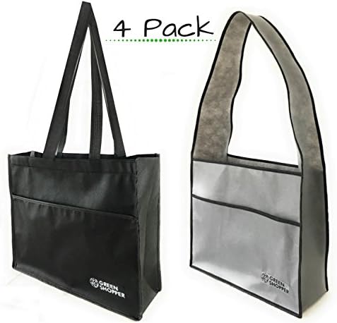 Green Shopper Reusable Grocery Bags (4 Pack, 2 Black, 2 Grey + 1 Gift Bag) - Two for Hand and Two for Shoulder Use, Stylish, Foldable, Reinforced Heavy Duty Shopping Bags With Bottom