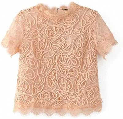 Ruhusn Women Sweet lace Crop Tops Short Sleeve Vintage Casual o-Neck Blouse Back Zipper Ladies Fashion Streetwear Shirts Blusas