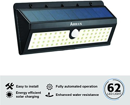 Solar Light, ARILUX 62 LED Solar Motion Sensor light Outdoor Waterproof Wall Light with Three Intelligent Modes for Patio, Garden, Back Door