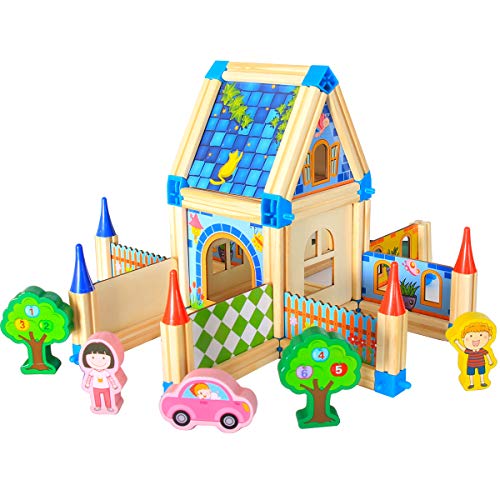 Wooden Building Toys for Kids,123 Pieces DIY Construction House Building Blocks Set Educational Toys ,Great Christmas Birthday Gift for 3, 4, 5, 6 Year Old Girls and Boys