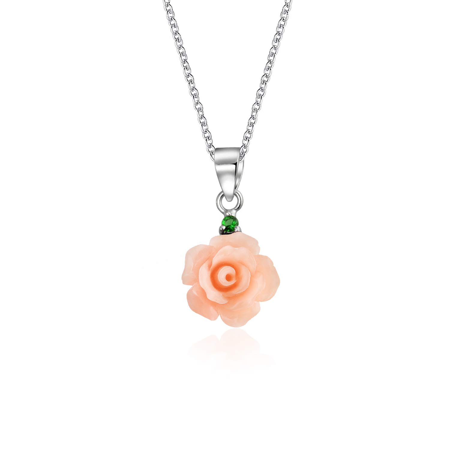 Bling Jewelry Romantic Delicate Floral Blooming 3D Pink Rose Flower Green CZ Accent Pendant Necklace For Women For Teen .925 Sterling Silver