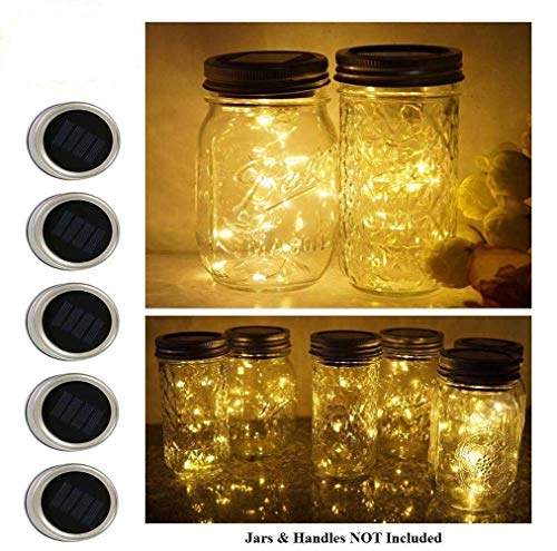 Michat Mason Jar Lights,5 Pack Mason Jar String Lights 10 Bulbs String Fairy Star Lights Screw on Silver Lids LED Mason Jar Solar Light(Jars & Handles NOT Included), Light up for 8 Hours light