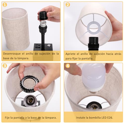 LONGLIV 2 Pcs Lampara de Buró, Lámpara de Mesita de Control Táctil, Lámpara de Mesita de Noche, Brillo de 3 Niveles, con Puerto USB, Puerto Type-C y 2 Toma de Corriente (Bombilla LED Incluida) (2)