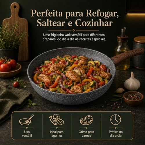 Frigideira Wok Antiaderente Revestimento Cerâmico 28cm 4,3 Litros Alumínio 2.3mm com Tampa Vidro Fundo indução, Cabo Baquelite Antitérmico (Granito)