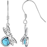 Turquoise Dragonfly Earrings for Women, Sterling Silver Bohemian Dangle Earrings, Vintage Inlaid Gemstone Jewelry Gift for Mom, Friend, Her on Birthday, Christmas