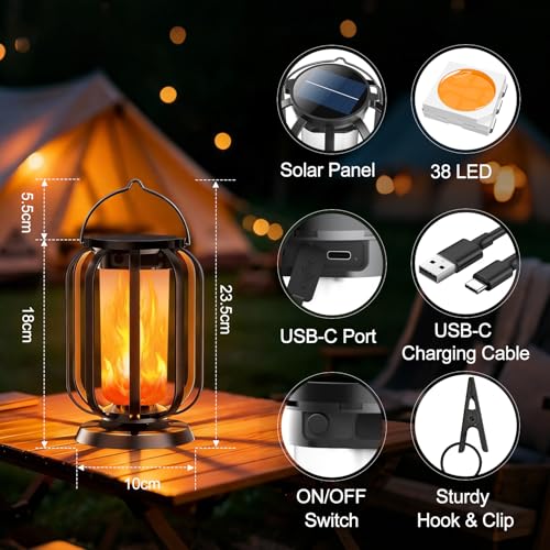 Solar Flame Lantern for Outdoor Hanging, Pack of 2 Solar Lights IP65 Waterproof with 3 Colour Temperatures, Balcony Garden Lantern, Halloween Decoration, Outdoor Lights for Patio, Lawn, Yard, Camping