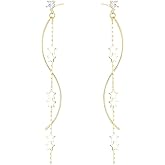 SLUYNZ Sterling Silver Star Dangle Earrings for Women Teens Long Dangle Earrings Chain Curve Tassel