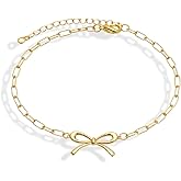 SWEET PEEPS 18K Gold Dipped Bow Bracelet for Women, Dainty Bow Charm Chain Bracelet with Adjustable Fit, Minimalist Everyday Jewelry
