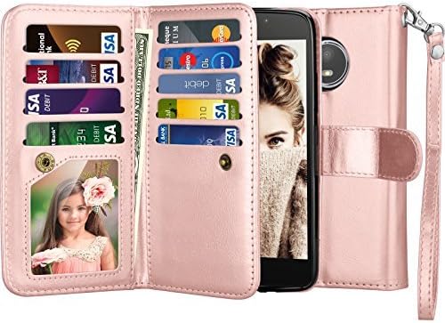 Moto E4 Plus Case，Moto E4 Plus Wallet Case, 2017 Motorola E Plus 4th Gen Flip Cover, Njjex [9 Card Slots] PU Leather ID Credit Holder [Detachable][Kickstand] Folio Phone Case & Wrist Lanyard -RoseGold