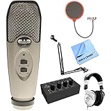 CAD Audio U37 USB Large Diaphragm Cardioid Condenser Microphone w/Tripod, 10' Cable Silver + Mic Wind Screen + Mic Suspension + Behringer HPS3000 Monitor Headphones + HA400 4CH Stereo Headphone Amp