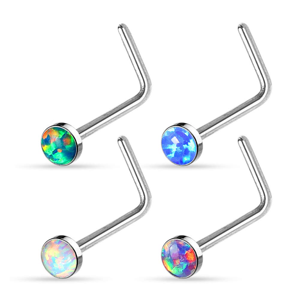 Gekko Body Jewellery 4 Pack of Opal Gem L Bend Nose Stud Ring Piercings Surgical Steel