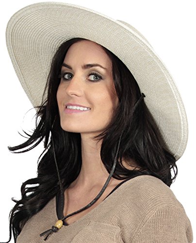 Women's UPF 50+ Wide Brim Braided Straw Sun Hat with Lanyard Ivory