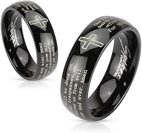Jinique STR-0245 Stainless Steel Black IP Cross and Lords Prayer Dome Band Ring
