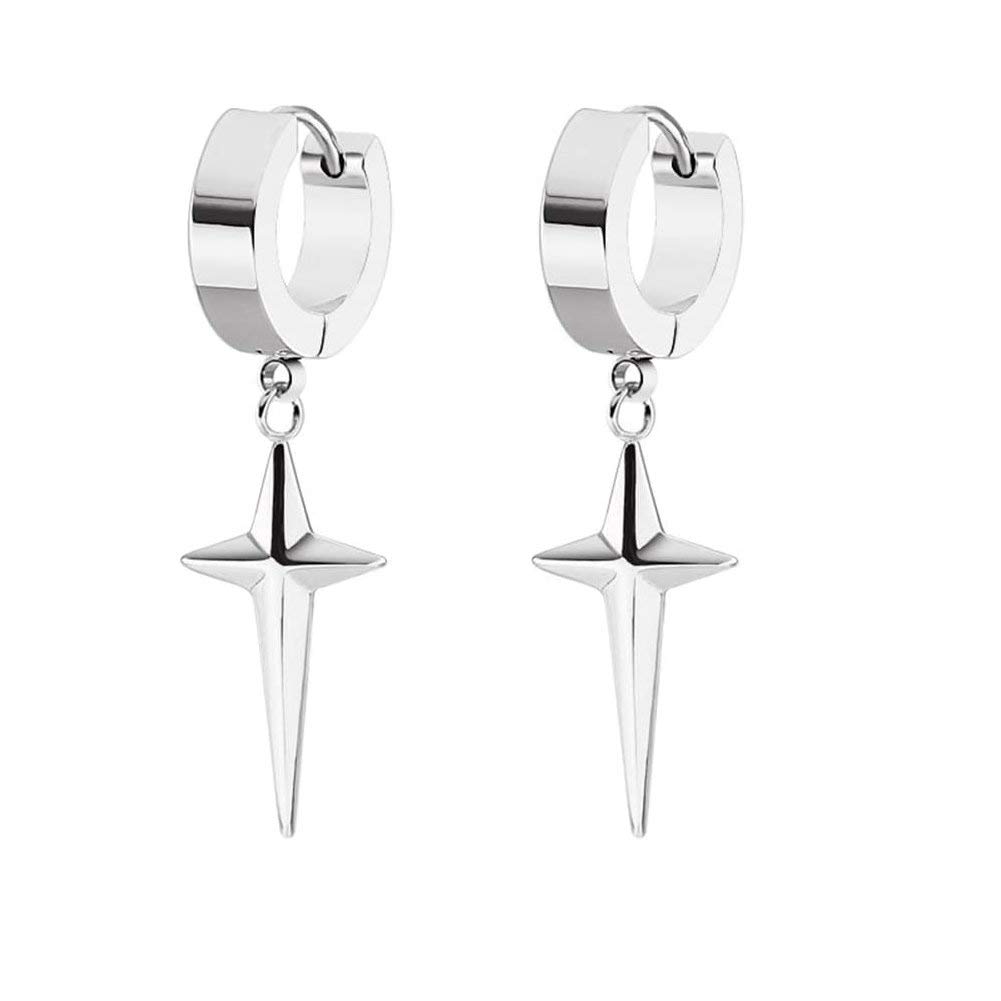 Punk Cross Hoop Earrings Stainless Steel Fashion Criss Huggie Hinged Hoops Dangling Charm Dangle Drop Earring Hypoallergenic Jewelry for Women Girls Men BFF (Silver)