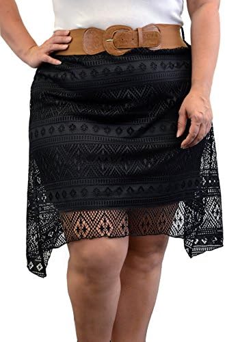[H194X-BLKFLR-3X] Caren Sport Crochet Skirt with Belt, Plus Size, Uneven Sharkbite Hem, Lined