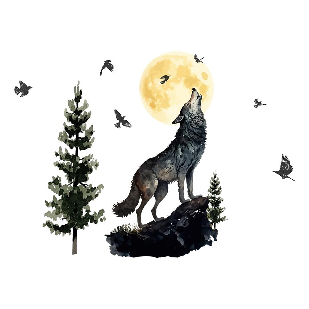 SUPERDANT Forest Animal Wall Decal Watercolor Moon Night Wolf Wall Stickers Removable Stickers Home Decor Wall Art Sticker DIY Art PVC Wall Decal Peel and Stick Decals