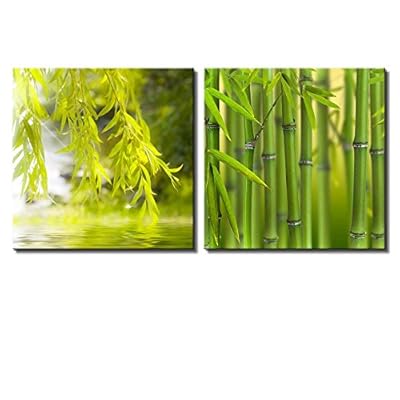 Two Piece Canvas - Bamboo Branches and Leaves Framing a Lake on 2 Panels - Canvas Art Home Art - 16x16 inches
