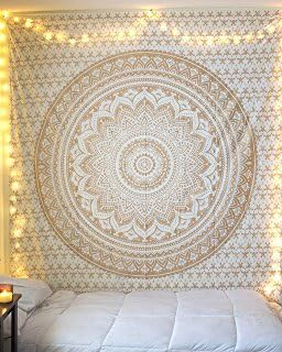 Antiquia Hand Printed Mandala 100% Cotton Gold Printed Bohemian Tapestry-90" X 108", Gold Print
