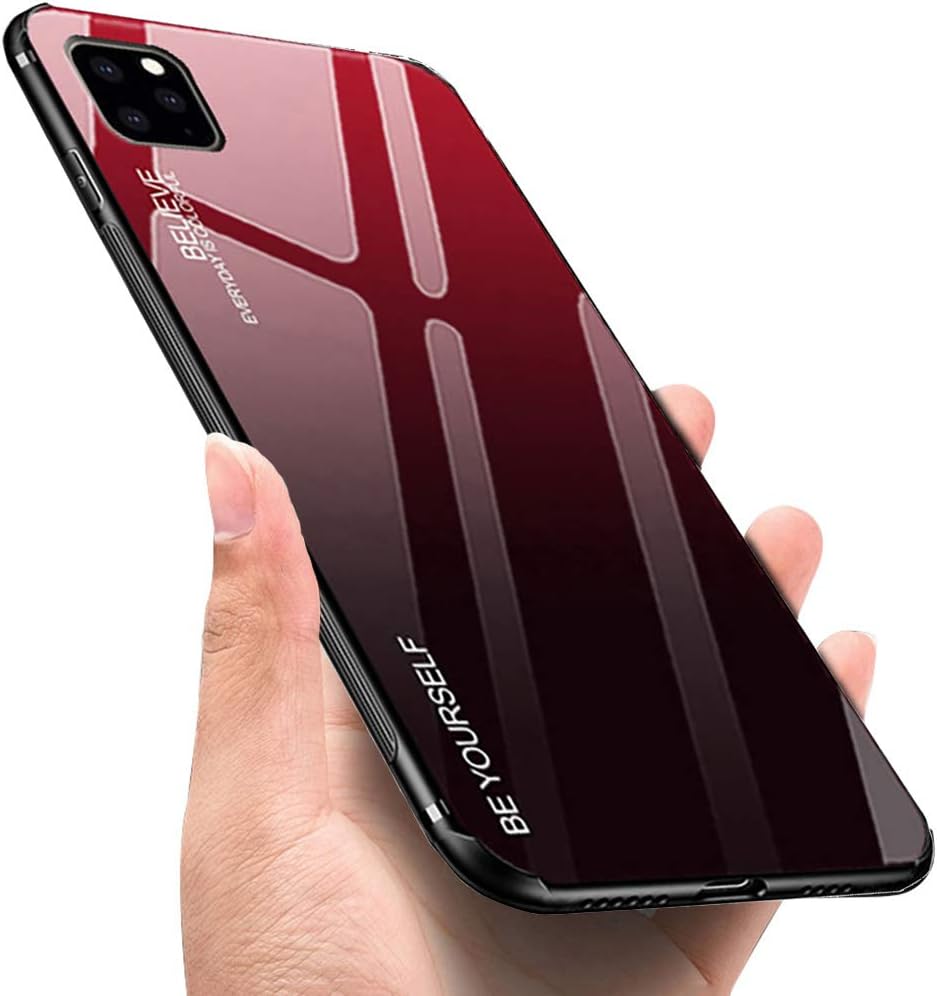 LANYOS Compatible iPhone 11 Case, Ultra-Thin Tempered Glass Pattern Painted Back Cover + Soft TPU Bumper Frame (6.1 inch 2019) (Black-red)