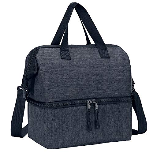 Lunch Bag Box 2 Compartments Lunch Tote Double Deck Cooler Bag Insulated Reusable with Shoulder Strap Men Women in Picnic Trip Working (Gray N20) by F40C4TMP