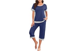 SOKHUG Women's Pajama Sets Capri Pant Sets Short Sleeve Sleepwear Sets Two Piece Pj Sets Round Neck Tee with Carpi Pants