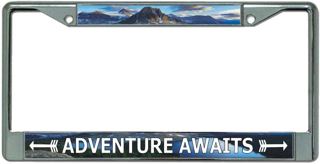 Adventure Awaits Chrome License Plate Frame