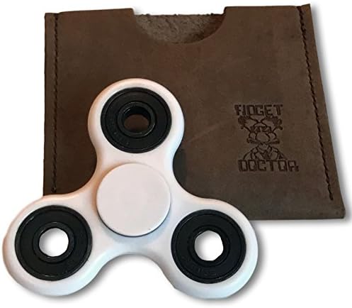 Fidget Spinner with Handcrafted Leather Protective Sleeve / Case - Premium Spinner - Long Spintime - Injection Molded Design - Hybrid Ceramic Bearings, by FidgetDoctor (White &amp; Black + Leather Sleeve)