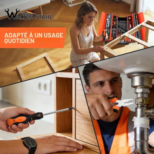 Walter Steel Complete Tool Box 85 Pieces, Chrome Vanadium | Complete Portable Screwdriver and Pliers Tool Kit Ideal for Daily Maintenance at Home or Garage Orange