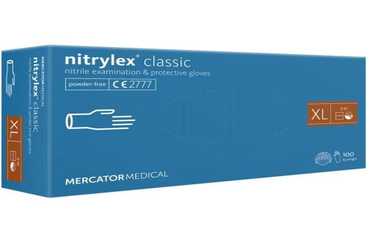 Nitrylex Classic Disposable Nitrile Glove, Powder Free, Blue, Size XL, Pack of 100