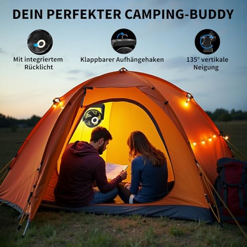 Table Fan with Temperature Control, 5000mAh USB Fan, 5 Speed Levels Including Sleep Mode, Rechargeable Battery Operation, with LED Light & Hook, for Home, Office, Travel, Camping