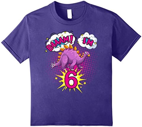 unisex-child 6th Birthday T-shirt For Girl, Dino Dinosaur Baam I'm Six 8 Purple