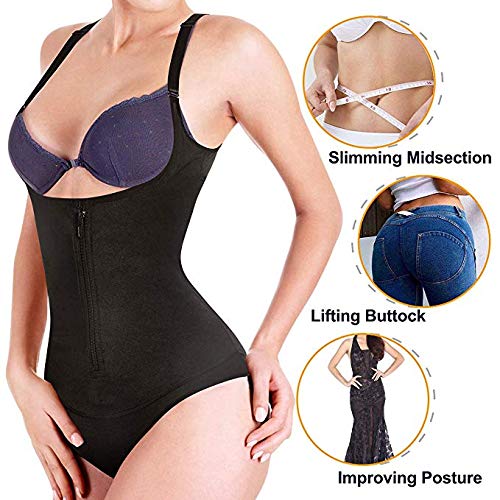 Slimerence Women Seamless Firm Control Latex Shapewear with Zip, Faja Open Bust Push Up Bodysuit Body Shaper, Black2 S - Thumbnail 3