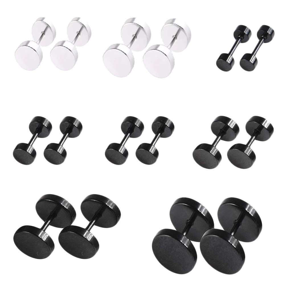 EQLEF 16PCS Mens Stud Earrings Dumbbell Shape, Titanium Steel Rund Earrings Studs in Black and Silver for Men and Women