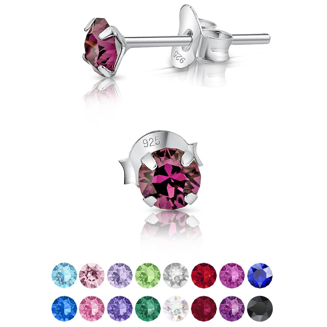 925 Sterling Silver Round SMALL Stud Earrings made with Glittering Crystals - Silver Studs Earrings for Woman - Diameter: 4 mm - Colour : Purple Amethyst