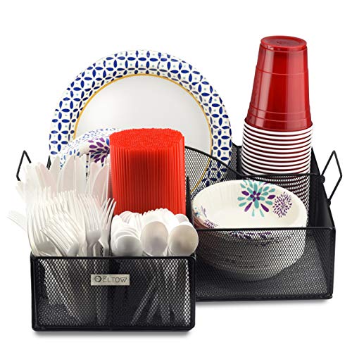 Eltow Plate and Cutlery Organizer with Handles: Large Kitchen Spoon, Fork, Knives and Cups Holder - Sturdy Bowl, Napkin and Tableware Dispenser - Home, Restaurant, BBQ and Picnic Plate Organizer Caddy