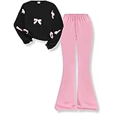 Voxikidio Girls 2 Piece Outfits Long Sleeve Butterfly Sweatshirt & Flared Pants Fall Clothing Set Size 7-12 Years