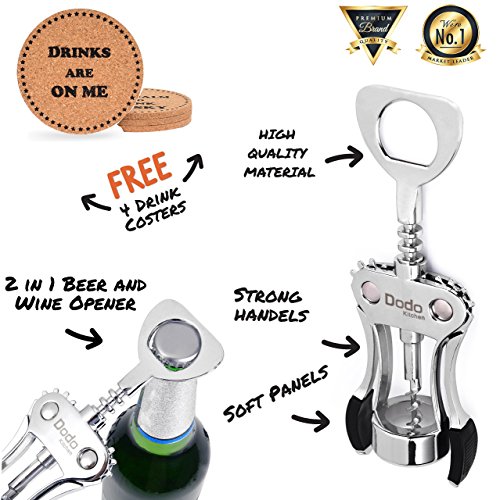 Stainless Steel Wine and Beer Bottle Opener + 4 Drink Coasters by Dodo