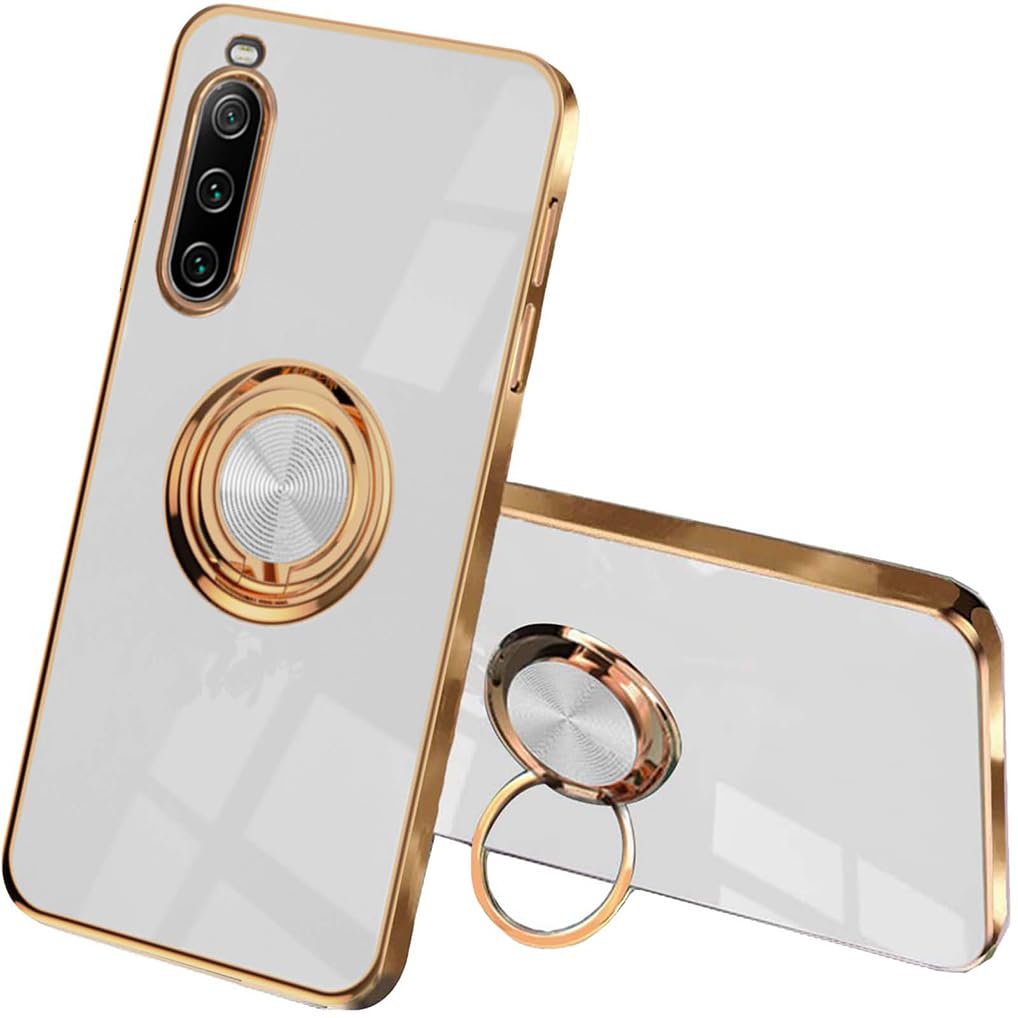 SEAHAI Case for Sony Xperia 10 V, Ultra Thin TPU Bumper Shockproof Soft Cover Electroplating Phnom Penh Design Silicone Skin Slim Case with 360 Degree Ring Kickstand, White