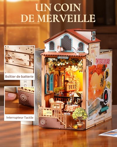 Rolife Book Nook DIY Wooden Model Adult with Lights Sunset Island 3D Puzzle Miniature House Building Bookends Diorama Decoration Book Library Living Room