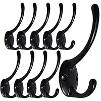 Dual Coat Hook/Hat Hooks Hardware(Upgraded&Thickened),10 Pack Heavy Duty Metal Double Coat Hanger - Wall Mounted (Two Types of Screws Included),Black Wall Hooks for Scarf, Bag, Towel, Key, Cap(10pack)