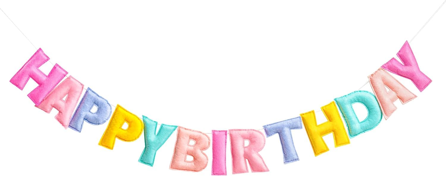 Danduolai Pre-Strung Happy Birthday Banner - Felt Ball Garland, Rainbow Birthday Decorations, Personalized Sign for Party Decor, Photo Prop (Pink Y 2)