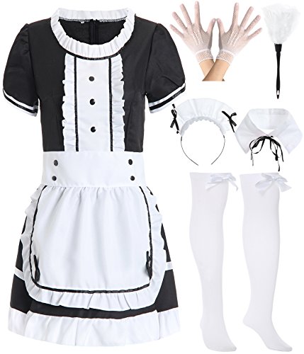 JustinCostume Women's French Maid Outfit Dress Apron Stockings Duster