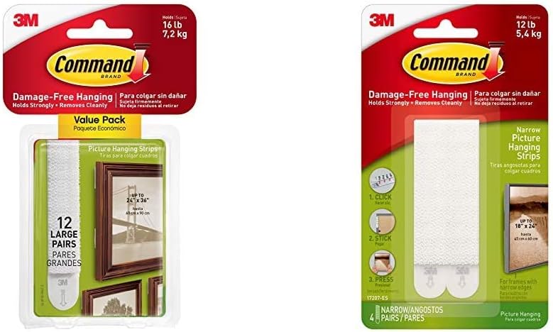 Command Picture & Frame Hanging Strips Value Pack, Large, White, 12-Pairs & Narrow Picture Hanging Strips, Pack of 4 x 2 Adhesive Strips, White - Damage Free Hanging - Holds up to 5.4 kg