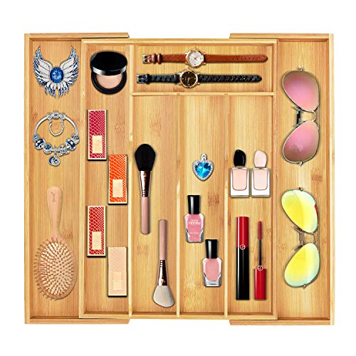 Expandable Utensil Drawer Organizer, Bamboo Cutlery Tray Utensil Organizer Adjustable Kitchen Drawer Insert, Silverware Flatware Organizer Utensil tray, Jewelry Showcase (7 Box)