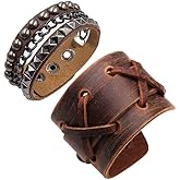 BaBakiak Punk Brown Leather Cuff Bracelet, 2PCS Vintage Braided Leather Wristband With Chain, Adjustable Wristband Bracelet Jewelry Gift