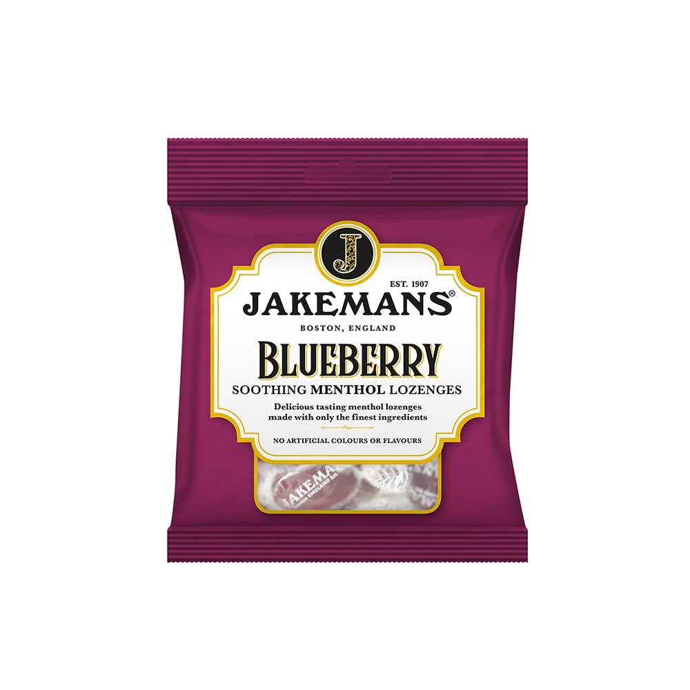Jakemans Blueberry Flavour 100g Bags - Pack of 10 - Soothing menthol sweets - Suitable for vegetarians