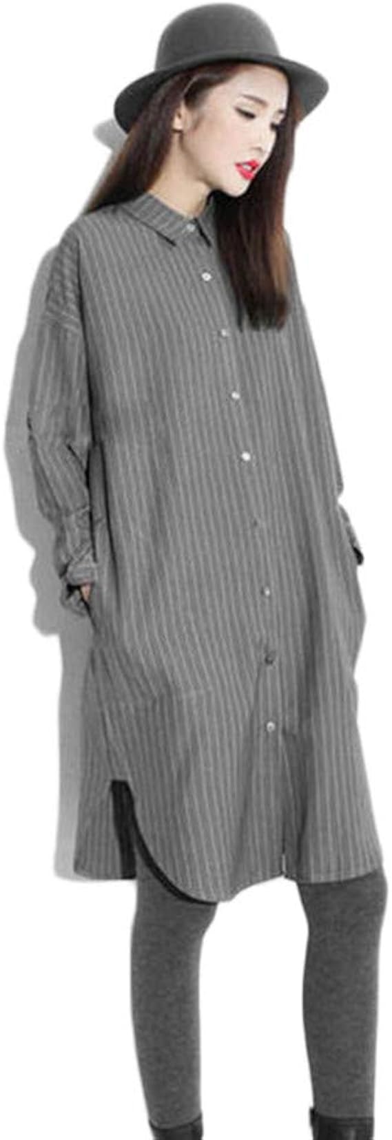 Amazon Missingy レディース ロング丈 シャツ ワンピース 綿 長袖 ブラウス チュニック ストライプ ゆったり ひざ丈 薄手 カジュアル シンプル リゾート ピクニック ワンピース チュニック 通販