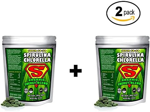 Spirulina Chlorella Cracked Cell Wall Super 50-50 Super-Pack 1,000 Tablets). Raw Organic Gluten-Free Non-GMO Green Superfood. High Protein, Chlorophyll & nucleic acids. No preservatives, (2 Pack)